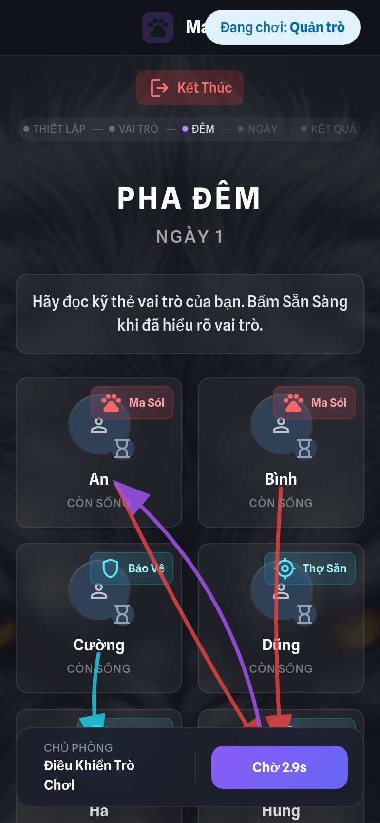 Chế độ Quản trò — thấy toàn bộ vai và mũi tên hành động trong đêm.