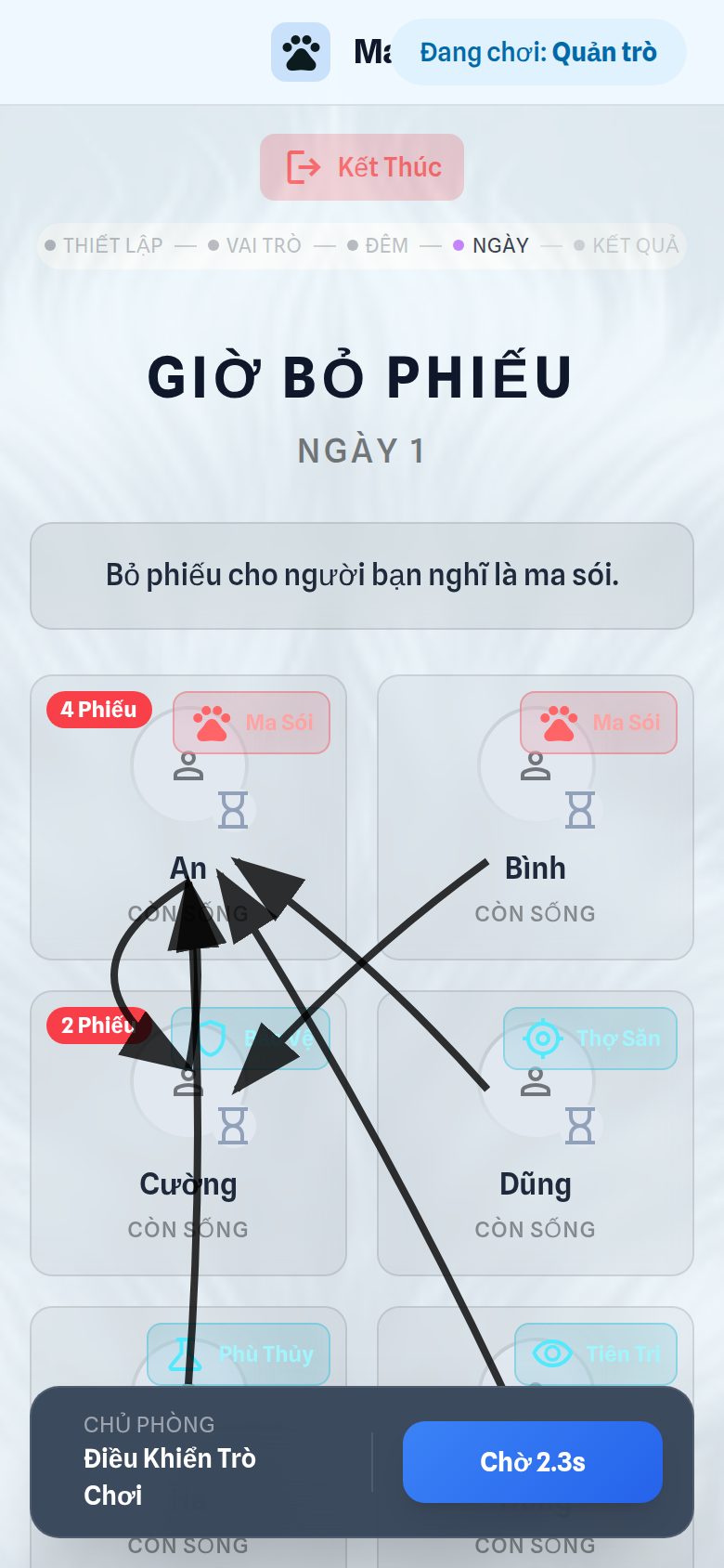 Ban ngày — cả làng bỏ phiếu, app gom phiếu trực quan.