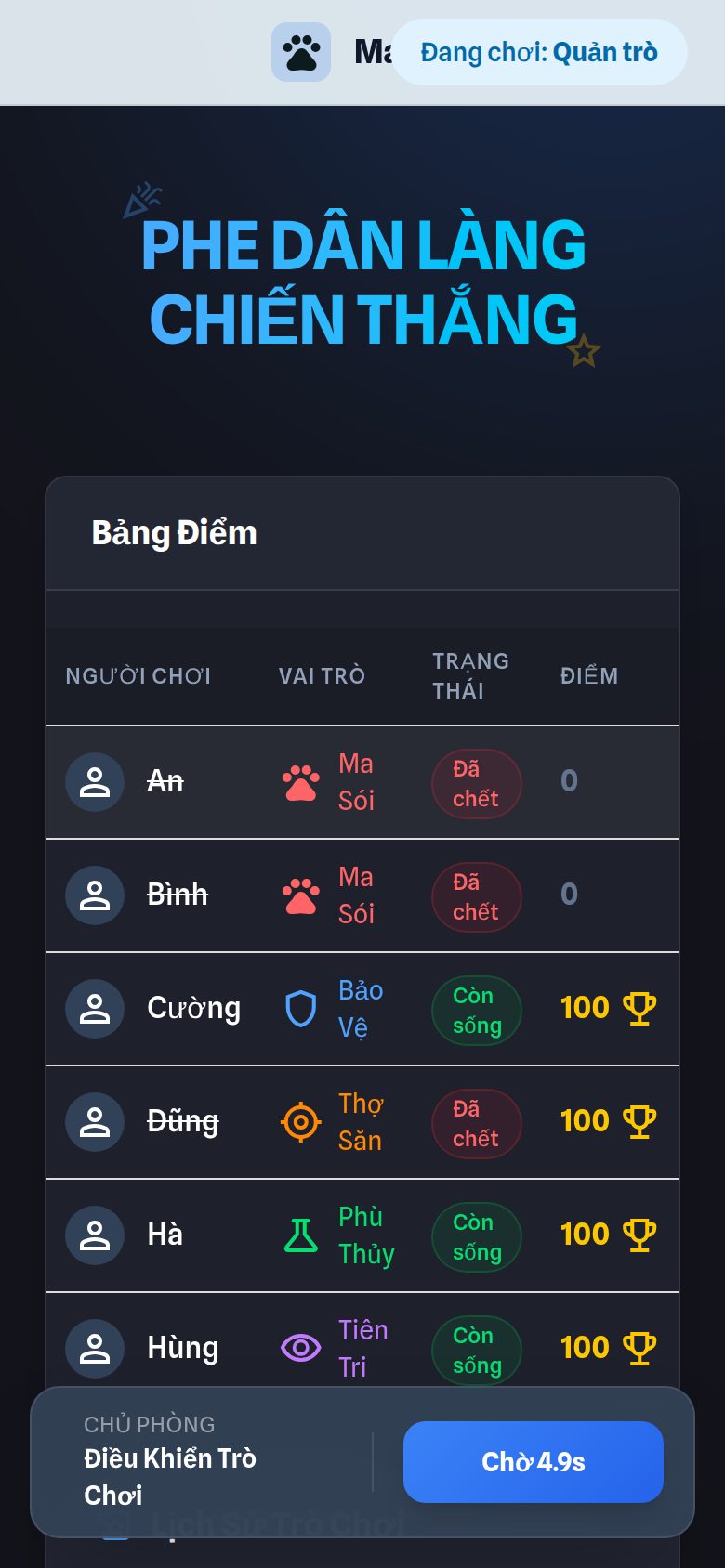 Màn kết quả — lộ toàn bộ vai và phe thắng cuộc.